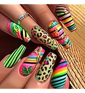 24Pcs Leopard Press on Nails Long Coffin Fake Nails with Colored Stripes Design Tropical Acrylic ...