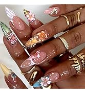 30Pcs Handmade Press on Nails Almond Fake Nails with 3D Flower Rhinestones Design Colorful Animal...