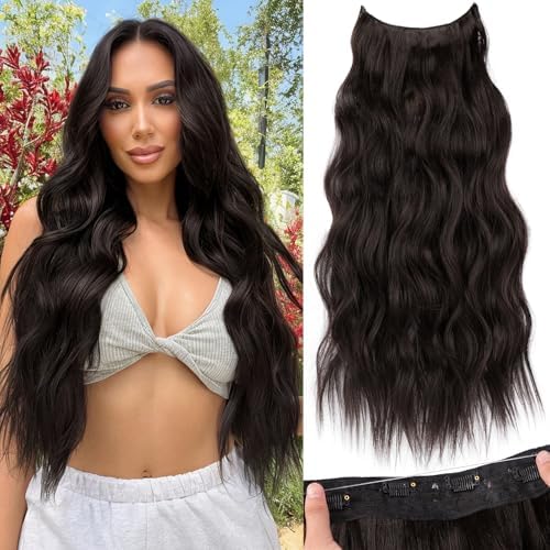 KooKaStyle Invisible Wire Hair Extensions with Transparent Wire Headband Adjustable Size 4 Secure Clips Long Wavy Synthetic Hairpiece for Women (24 Inch Rich Dark Brown with Warm Tones/6#)