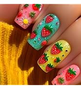 GCSQW Summer Fruit Press on Nails Medium Square Fake Nails with Strawberry Designs Colorful Acryl...