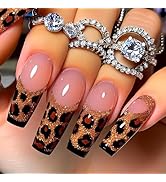 Leopard Press on Nails Gold Glitter Fake Nails with Cheetah Print Design Square French Tip Nails ...