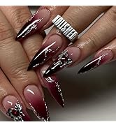 Stiletto Press on Nails Red Fake Nails Press ons with Heart Nail Charms Designs Long Ombre False ...