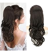 KooKaStyle Ponytail Extensions, 16 inch Dark Brown Long Drawstring Wavy Clip in Ponytail Hair Ext...