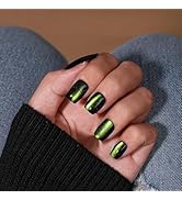 KQueenest Cat Eye Press On Nails Short, 30 Pcs Glitter Black Neon Green Press On Nails Coffin, Da...