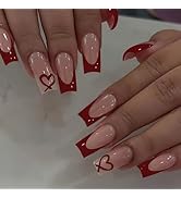 Red French Tip Press on Nails Coffin - Medium Fake Nails with Heart Design - Glossy Full Cover St...