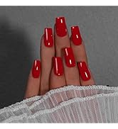 KQueenest Red Press On Nails Medium Long Square - Acrylic Press On Nails with Glue, Coffin Fake N...