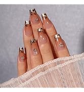 KQueenest Cateye French Tip Press On Nails Medium Short Coffin, Glitter Sparkly Fake Nails With G...