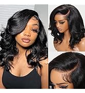 UNICE 10 inch Light Yaki Loose Body Wave Bob Wig human Hair with Below Out Bangs 13X4 HD Lace Fro...