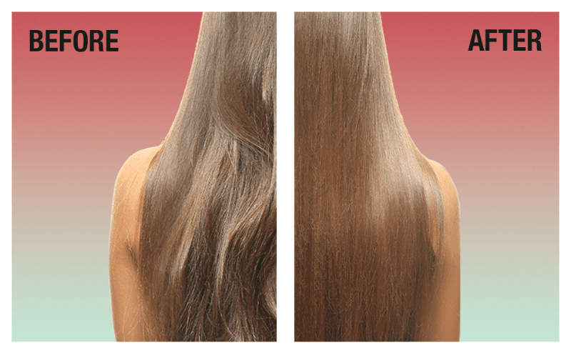 Pink and Green background with wavy before photo to the left, right has after straight hair.