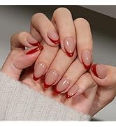 KQueenest Red French Tip Press On Nails Short Almond, 30 Pcs Acrylic Press On Nails With Glue, Gl...
