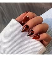 KQueenest Leopard Press on Nails with Glue, Ombre Caramel Brown Fake Nails Almond Medium, Amber P...