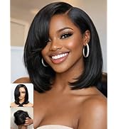 Nadula Glueless Short Layered Bob Drawstring Wig Human Hair with Side Swept Bangs, 7x5 HD Bye Bye...