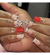 Square Press on Nails Short Fake Nails French Tip False Nails with 3D Silver Bow Charms Design Gl...