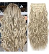 KooKaStyle Clip in Synthetic Highlight Hair Extensions Long Wavy 4PCS Thick Hairpieces Ash Brown ...