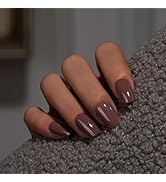 KQueenest Dark Brown Press On Nails Medium Square - Acrylic Press On Nails with Glue, Fall Winter...