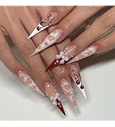 Long Press on Nails Stiletto Fake Nails Pink False Nails French Tip Acrylic Nails with Bow Cherry...