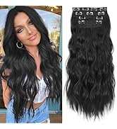 KooKaStyle Clip in Synthetic Hair Extensions Long Wavy 4PCS Thick Hairpieces Black Fiber Double W...