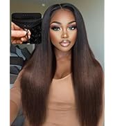 UNICE EasiContour Yaki Straight V Part Wigs Human Hair with Drawstring Black to Chestnut Brown Om...