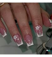 White French Tip Press on Nails Short Square False Nails with 3D Floral Charms Design Glitter Glo...