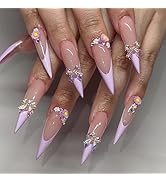 Long Press on Nails Almond Fake Nails Purple French Tip False Nails with 3D Flower Bow Design Sti...