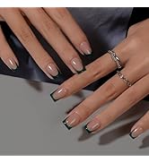 KQueenest Dark Green French Tip Press On Nails Short Square, 30 Pcs Acrylic Press On Nails With G...