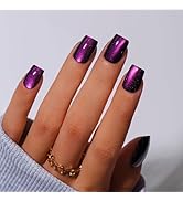 KQueenest Cat Eye Press On Nails Short, 30 Pcs Glitter Black Purple Press On Nails Square, Dark S...