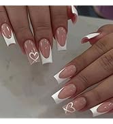 White French Tip Press on Nails Coffin Fake Nails Medium False Nails with Heart Design Glue on Na...