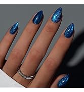 KQueenest Cat Eye Press On Nails Short, Acrylic Press On Nails Almond, Sparkle Vibrant Royal Blue...