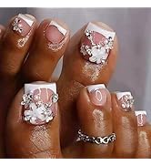 White French Tip Press on Toenails Flower Fake Toenails with 3D Pearl Charms Design False Toenail...
