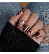 KQueenest Brown Press On Nails Short Coffin, Leopard Print Nails Press ons with Sequins Bowknot, ...