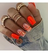 Orange Press on Nails Medium Square Fake Nails Marble Texture Glossy False Nails with Glitter Gol...
