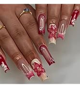 Long Press on Nails French Tip Fake Nails Square with 3D Flower Design Stick on Nails Glossy Pear...