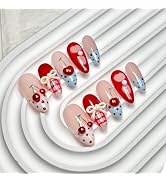 Medium Press on Nails Almond - Handmade Fake Nails with 3D Bow Cherry Design - Red Full Cover Glu...