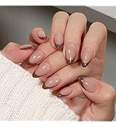 KQueenest Brown French Tip Press On Nails Short Almond, 30 Pcs Acrylic Press On Nails With Glue, ...