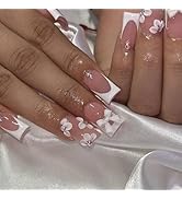 Medium Press on Nails Square Fake Nails White French Tip with 3D Floral Bow Design Glue on Glossy...