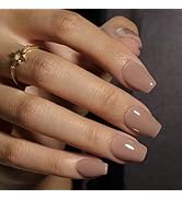 KQueenest Light Brown Press On Nails Short Coffin - Acrylic Press On Nails with Glue, Ballerina M...