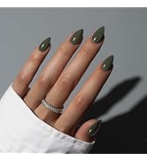 KQueenest Olive Green Press On Nails Short - Acrylic Press On Nails Almond, Sheer Fake Nails Moss...