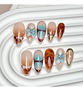 Medium Press on Nails Almond - Handmade Fake Nails with Flower Gold Line Deisgn - Ombre Brown Fal...