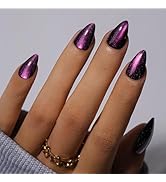 KQueenest Cat Eye Press On Nails Short Almond, Halloween Press On Nails with Glue, Sparkle Purple...