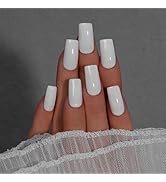 KQueenest White Press On Nails Long Square - Summer Press On Nails Medium Coffin, Sheer Milky Whi...