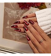 KQueenest Cat Eye Press On Nails Almond, 30 Pcs Glitter Black Red Press On Nails Medium, Dark Spa...