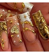 Gold Press on Nails Long Fake Nails Square with Stars Moon Design Glue on Nails French Tip False ...