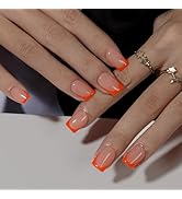 KQueenest Neon Orange French Tip Press On Nails Short Square, 30 Pcs Acrylic Press On Nails With ...