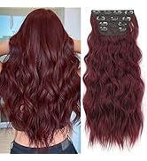 KooKaStyle Hair Extensions Burgundy Clip in Synthetic Highlight Hair Extensions Long Wavy 4PCS Th...