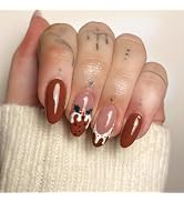 Brown Press on Nails Medium Almond Fake Nails with Designs Melting Snow Stick on Nail Christmas A...
