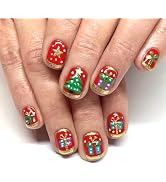 Christmas Press on Nails Short Square Fake Nails with Designs Xmas Tree Stick on Nail Gold French...