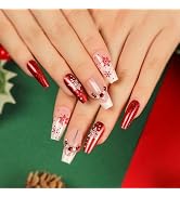 Christmas Press on Nails Medium Coffin Fake Nails with Designs Snowflake Stick on Nail French Acr...