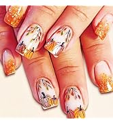 Thanksgiving Pumpkin Press on Nails Leaves False Nails 24 Pcs Glossy Gold Glitter Acrylic Fake Na...