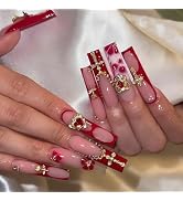 BABALAL Press on Nails Long Square Fake Nails Red French Tip Acrylic Nails Vintage Gold Cross Hea...