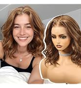KOME Brown Synthetic Lace Front Wig,13×6 Glueless Shoulder Length Curly Bob Wigs for Women Daily ...